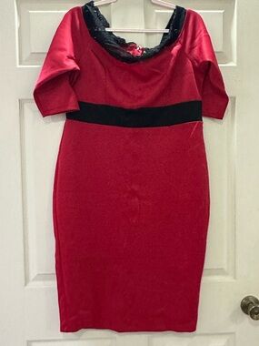 VENUS Red Midi Sheath Dress with Black Waistband and Lace Trim